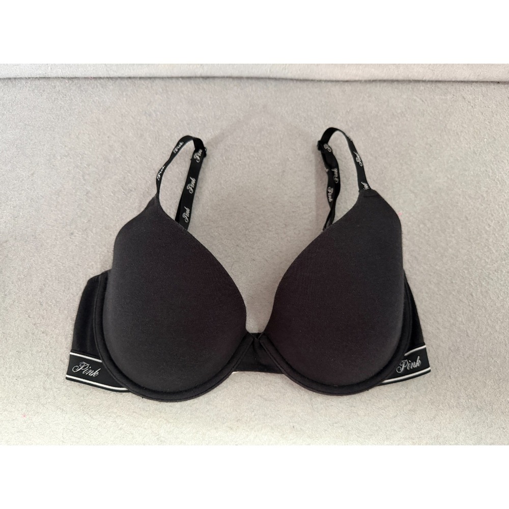 Pink Victoria's Secret Bra Size 32DD Black Everywhere T-Shirt Lightly Lined Logo